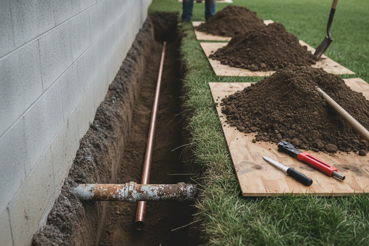 Excavated water line trench during Water Softener Installation in Camp Dennison